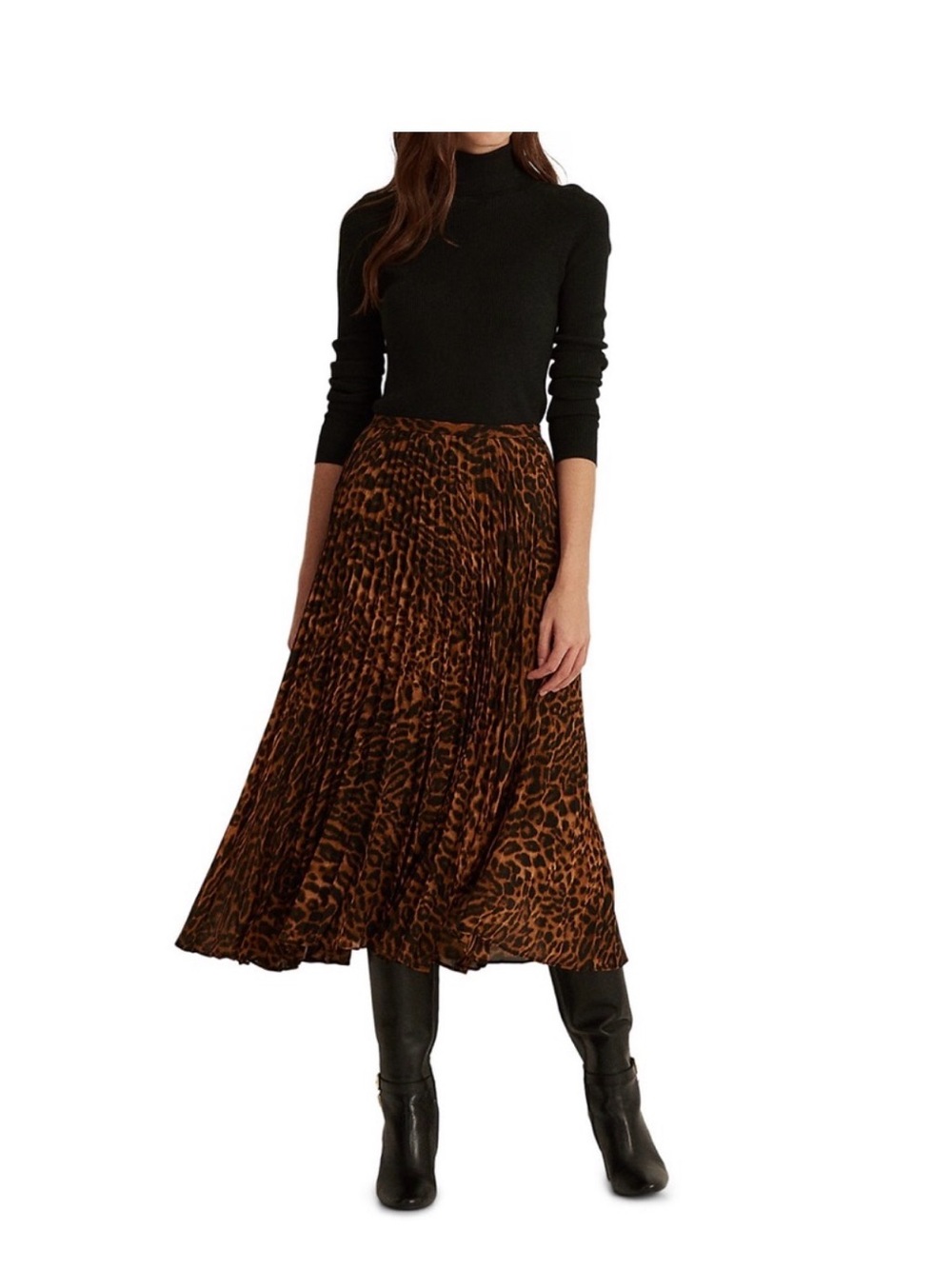 NWT- Lauren Ralph Leopard Print Pleated Midi Skirt- Size 12